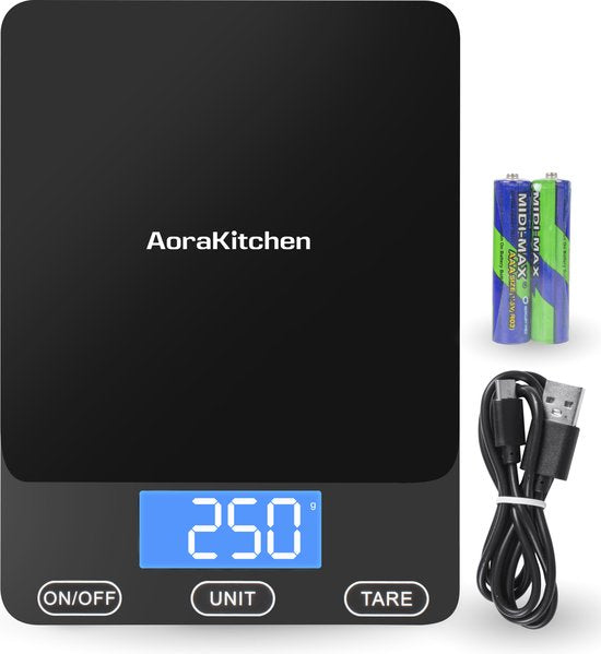 AoraKitchen Keukenweegschaal Digitaal - Usb Oplaadbaar - 1g tot 15kg - Precisie Weegschaal - Tarra