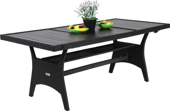 Casaria Tuintafel – Polyrattan & WPC Tafelblad – Verstelbare Poten – 190 x 90 x 75 cm – Zwart