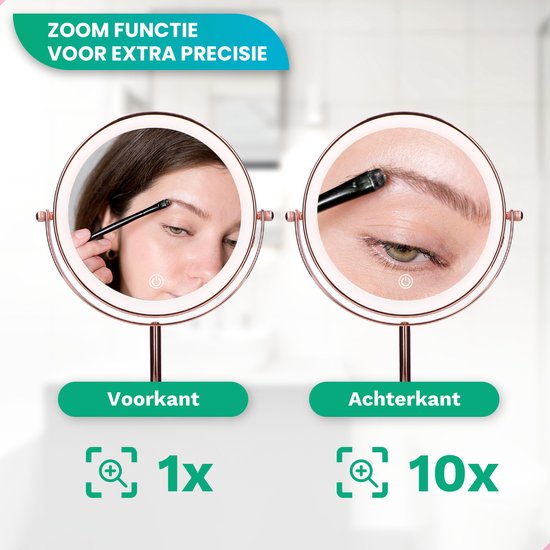 Mirlux Make Up Spiegel met LED Verlichting - 10x Vergroting Licht – Scheerspiegel Klein Op Voet - 3 Lichtstanden - Oplaadbaar - Vergrootspiegel Rosé Goud