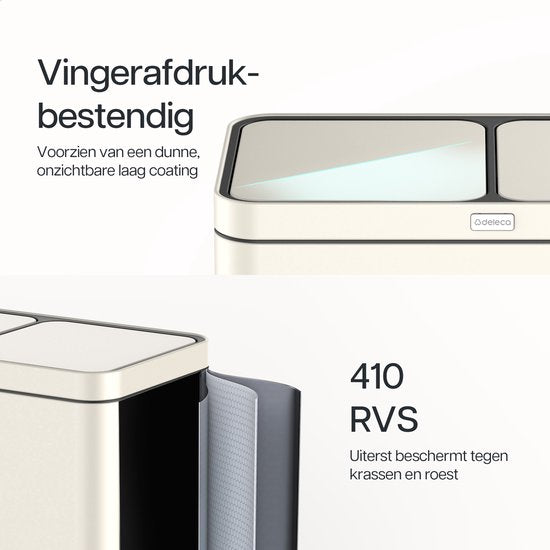 Deleca Recycle Prullenbak - 2 Vakken - 60 Liter (2x30) - Statiegeld container - Pedaalemmer - FreshAura Geurbestrijding - RVS Crème Wit