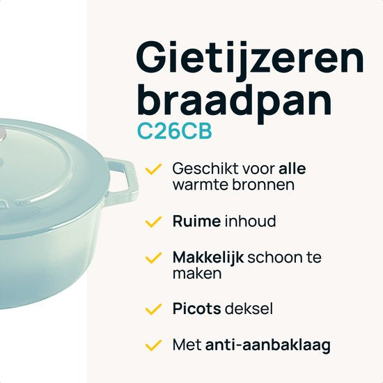 MOA Gietijzeren Braadpan - 7,2L - Voor Alle Warmtebronnen incl. Inductie - Met Deksel - Ø 30cm - Anti-Aanbaklaag - Lichtblauw