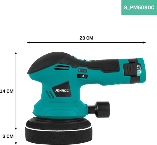 VONROC Polijstmachine 12V - Ø 125mm - dual action - 2-in-1: polijsten en schuren - Incl. Accu, usb-c kabel, 4 polijstschijven en schuurpapier