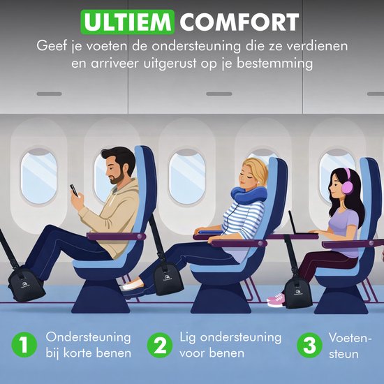 Travelhawk Voetensteun voor Vliegtuig - Voetenhangmat voor op Reis - Ook voor Bus of Trein - Compact en Lichtgewicht - Zwart