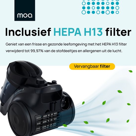 MOA Stofzuiger Zonder Zak - Inclusief HEPA H13 Filter - Combi Zuigmond - Stofzuiger - 900W - Zwart
