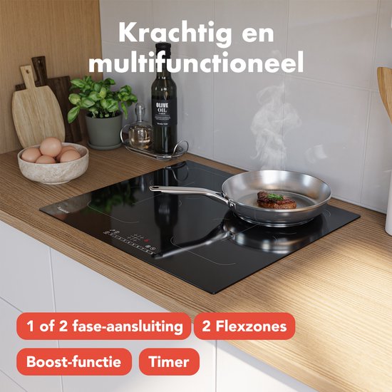 KitchenBrothers Inductie Kookplaat - Inbouw Inductieplaat - 60 cm - 4 Zones - 2x Flexzone - 1 en 2 Fase - Tot 2400W - Zwart