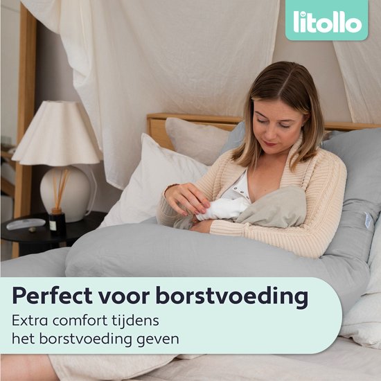 Litollo® Zwangerschapskussen XXL - Voedingskussen - Lichaamskussen - Body pillow - 280cm - Zachte fleece stof - Grijs - Met gratis extra afneembare hoes (t.w.v. €29,95)