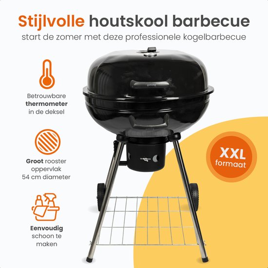 Goliving Houtskool Barbecue - Ø54 cm - Inclusief Accessoires - Houtskoolbarbecues op Wielen - XXL BBQ met Deksel - Rond - 65 x 89 cm - Zwart - Metaal