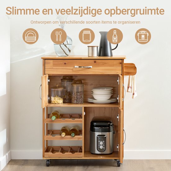 SoBuy Keukentrolley met Lades en Wijnrek, Keukenmeubel op Wieltjes met Werkblad, Compact Kookeiland, Natuurlijke kleur, 66×38×86 cm - FKW45-N