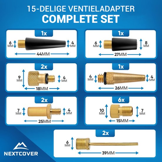 Nextcover® Profi Fietsventiel Adapter Set [15-delig] I Geschikt voor alle Ventielen I Adapter voor Frans ventiel voor Fietspomp & Compressor I Fietsventieladapter I Ventieladapter I Autoventiel I Fiets Ventiel