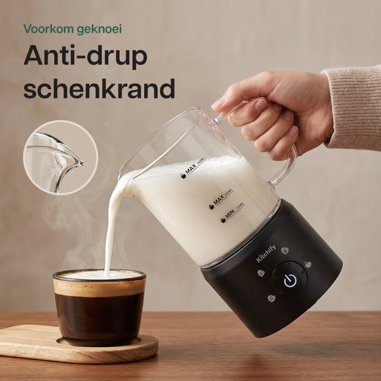 Kitchify Glazen Melkopschuimer - Elektrische melkopschuimer - Met schenktuit - 4 in 1 - Milk Frother - Zwart