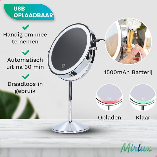 Mirlux Make Up Spiegel met LED Verlichting - 10x Vergroting Licht – Scheerspiegel Klein Op Voet - 3 Lichtstanden - Oplaadbaar - Vergrootspiegel Chroom