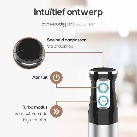 KitchenLove Staafmixer - 800W - 6 Snelheden + Turbo - Zwart/RVS