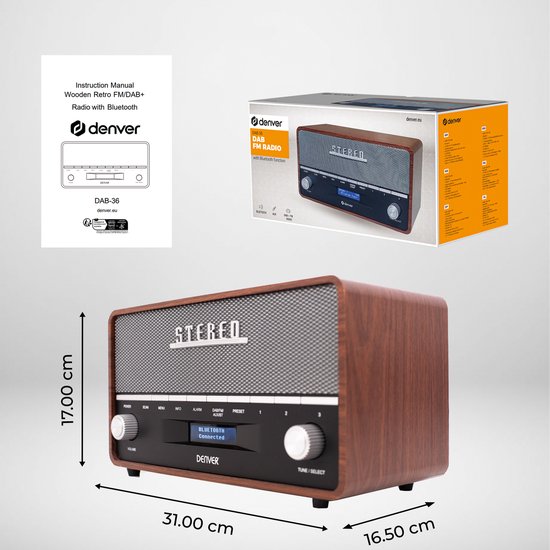 Denver DAB Radio XL - Retro Radio - Bluetooth - DAB+/ FM - Batterijen & Netstroom - DAB36 - Bruin