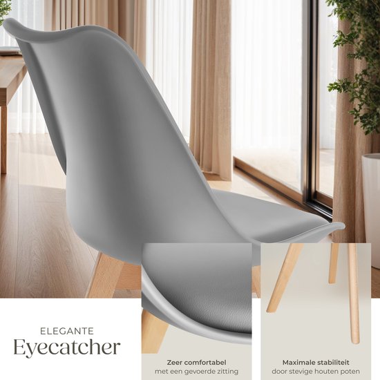 tectake® Eetkamerstoel Frederikke - Set van 4 Eetkamerstoelen met Gevoerde Stoffen Zitting - Massief Houten Poten - Ergonomische Stoelen geschikt voor Woonkamer, Eetkamer, Slaapkamer en Keuken - Draagkracht 120kg - Grijs