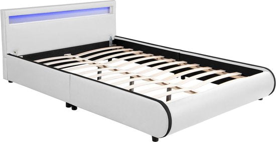 Juskys Gestoffeerd bed Sevilla - 140 x 200 cm - Wit - LED Verlichting