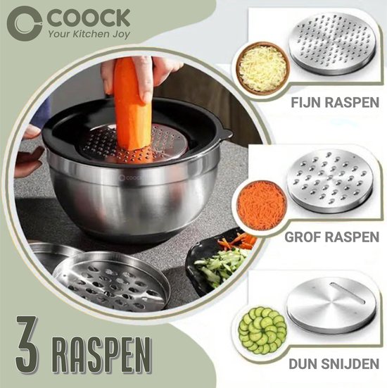 COOCK RVS Mengkommen set met Deksel - Beslagkommen met deksel - Bewaarbak met Rasp - Schaal voor Salades & Mengen - 22 Delige Set 1,5 t/m 5 Liter – Incl. Maatschepjes