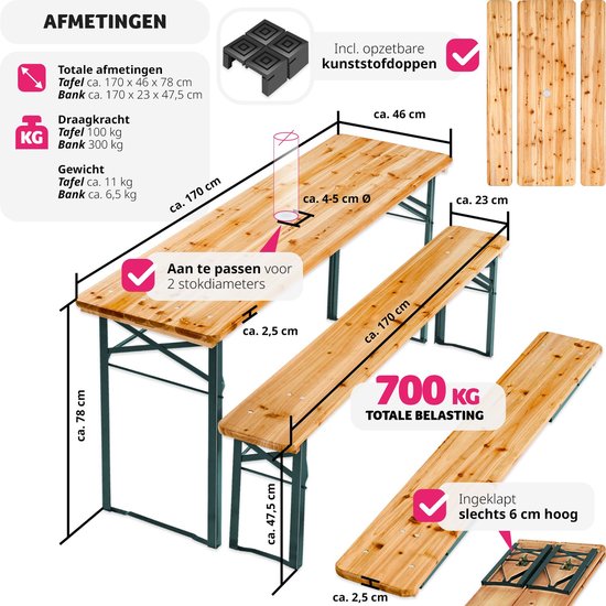 tectake® biertentenset met tafel en 2x bierbanken, met parasolhouder - biertentenset, balkonmeubilair met 1x klaptafel en 2x bierbanken, opvouwbaar, 170 x 46 x 78 cm, gelakt