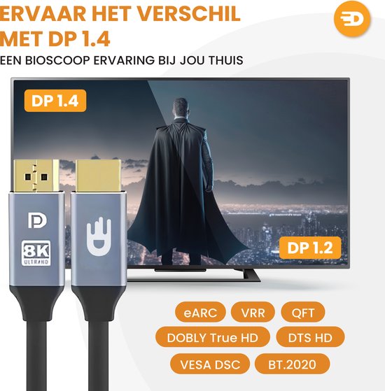 Drivv. Aux Kabel - 8K 60Hz - 4K 144 Hz - 32.4GBps - Displayport 1.4 - DP Kabel - PVC - 1 meter - Space Grey