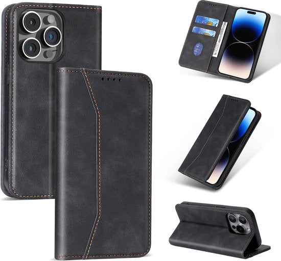 Podec Hoesje met Pasjeshouder Geschikt voor iPhone 12 Pro Max Zwart Telefoonhoesje - Anti-Shock Bookcase Cover met 1x Screenprotector - Wallet Case