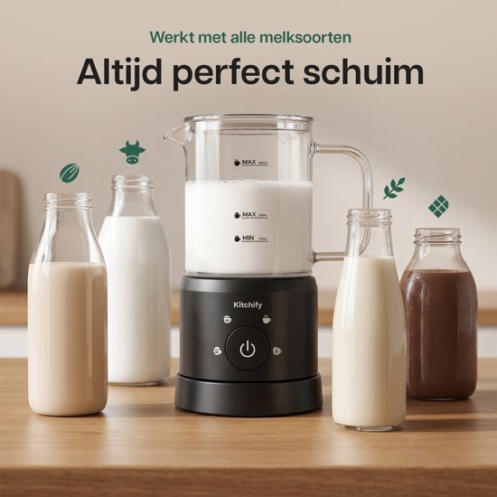 Kitchify Glazen Melkopschuimer - Elektrische melkopschuimer - Met schenktuit - 4 in 1 - Milk Frother - Zwart