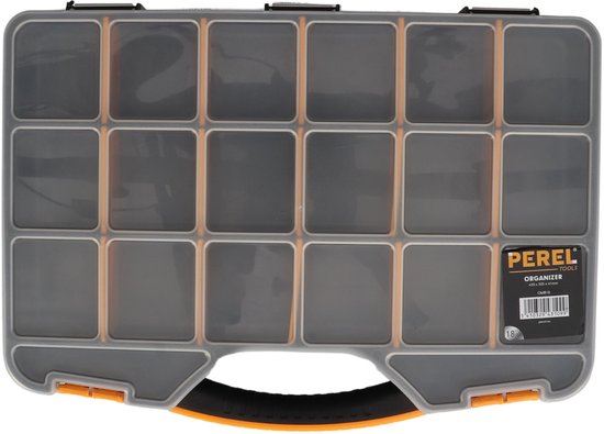 Perel assortimentsdoos, max. 20 compartimenten, 16 tussenschotten, transparant deksel, stapelbaar, 326 x 257 x 48 mm, geel/zwart