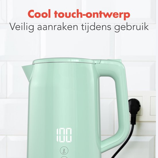 KitchenBrothers Waterkoker - 1.7L - Met Temperatuurregeling - Elektrisch - Warmhoudfunctie - Display - Dubbelwandig - Cool-touch - 2200W - Pastelgroen
