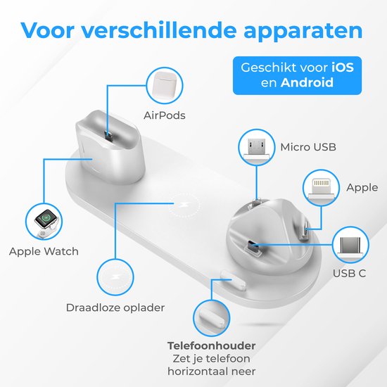 Nuvance - 6 in 1 Draadloze Oplader - Geschikt voor alle Qi Apparaten - Wireless Charger - Draadloze Opladers