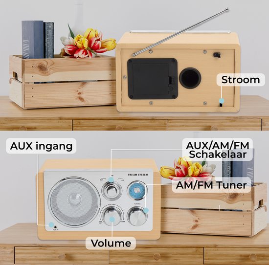 Denver Draagbare FM Radio - Retro - Werkt op batterijen of netstroom - Keukenradio - AM - FM - TR63 - Hout