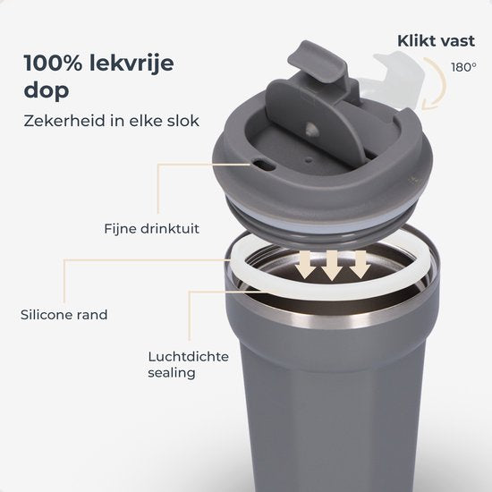 Castagnola Thermosbeker - Koffiebeker To Go - Travel Mug voor Koffie en Thee - Theebeker - 380 ML - RVS - Grijs - Octagon
