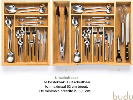 Budu Uitschuifbare Bamboe Bestekbak #43 (43 cm diep) - Bestekcassette Hout - Besteklade - 43 x 32,2 - 53 cm - 6/8 vakken
