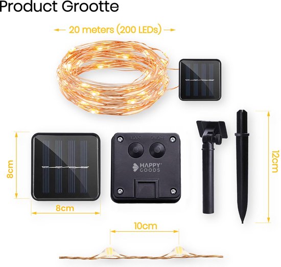 Happy Goods Solar Tuinverlichting op Zonneenergie - 200 LED Lichtsnoer Buiten - 20 m - Fairy Lights - Buitenverlichting Lichtslinger - Lichtsnoeren