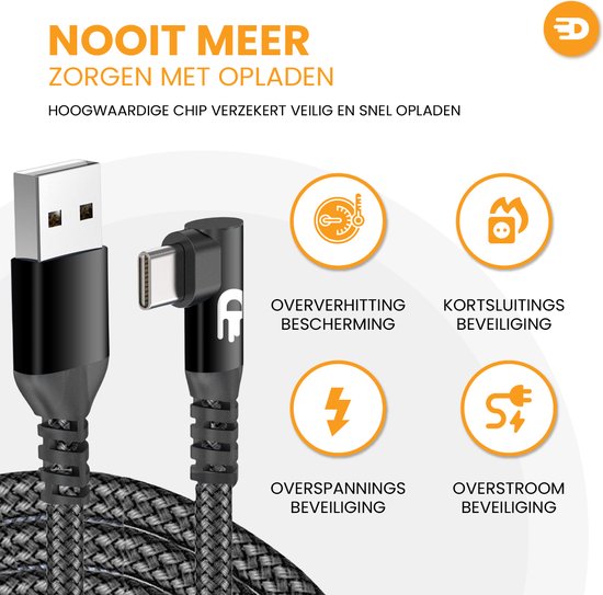 Drivv. USB naar USB C Kabel - Haaks - USB C Data en oplaadkabel - Fast Charge / Snellader - 3 Meter - Geschikt voor Samsung, iPhone 15 en Meer -Zwart