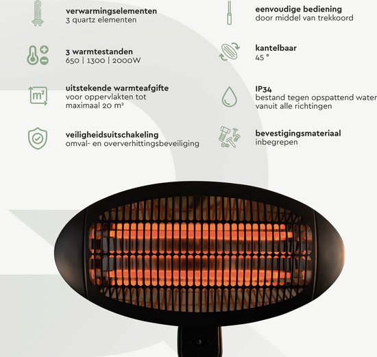 BRASQ Elektrische Terrasverwarmer Hangend PHW100 - Heater 2000W - 3 warmtestanden - Voor binnen en buiten - Spatwaterdicht - Zwart