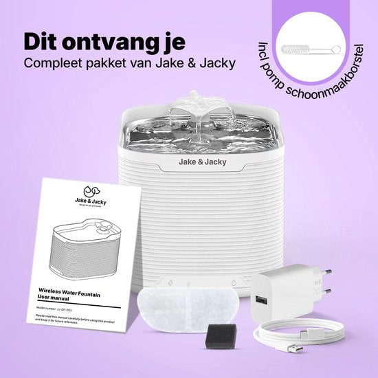 Jake & Jacky Drinkfontein RVS Draadloos Kat en Hond - Met Sensor en Accu - Waterfontein Kat - Kattenfontein - Waterbak - Fluisterstil - Incl. Filter - 2,5L - Wit
