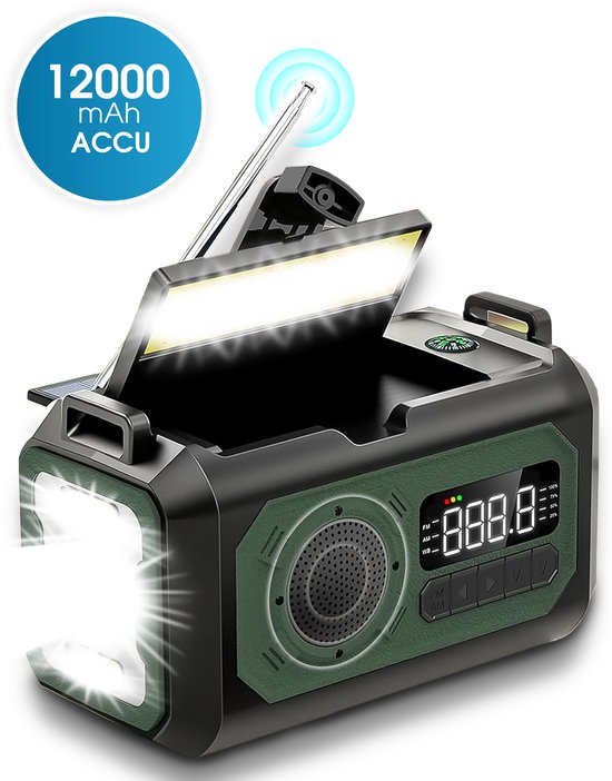Novalance Noodradio - Solar Opwindbaar 12.000mAh - MODEL 2025 - Solar powerbank - Survival Noodpakket - Zaklamp - Noodpakket – Noodrantsoen - Radio