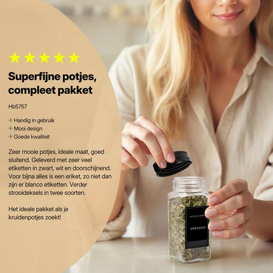 S.oud 36 Glazen Kruidenpotjes Vierkant met Deksel en Stickers - Kruidenstrooier - Kruidenglasjes - Complete set met 2 Soorten Strooideksels, Voorbedrukte Stickers en Trechter - 120 mL