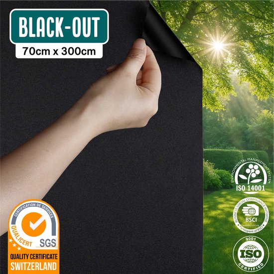 Homewell Verduisteringsdoek 70x300cm - Raamfolie Verduisterend - 100% Blackout - Anti Inkijk, Isolerend en Zonwerend - Herbruikbaar - Statisch – Zwart