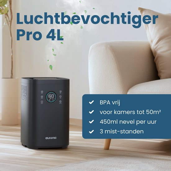 Auronic Luchtbevochtiger - 4 l Capaciteit - Aromatherapie - Nachtmodus - BPA-vrij & Fluisterstil - 360 Graden Mondstuk - Kunststof - Zwart