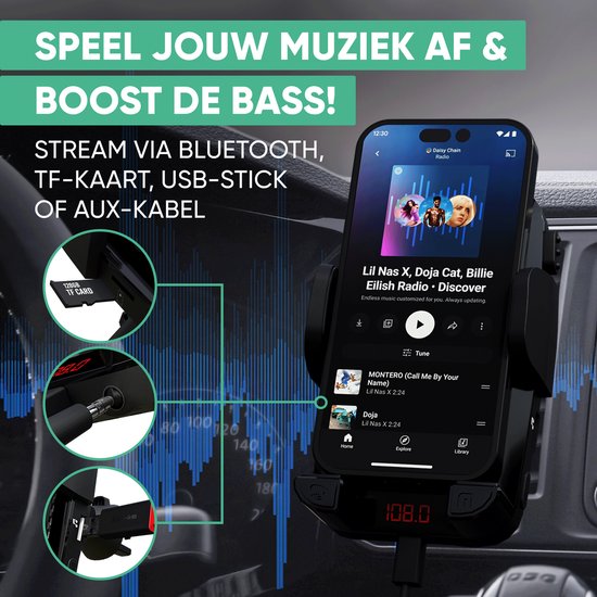 Serve 2in1 Bluetooth FM Transmitter & Telefoonhouder Auto - Carkit voor Muziek - Telefoonhouders Auto Accessoires - Ventilatie Houder