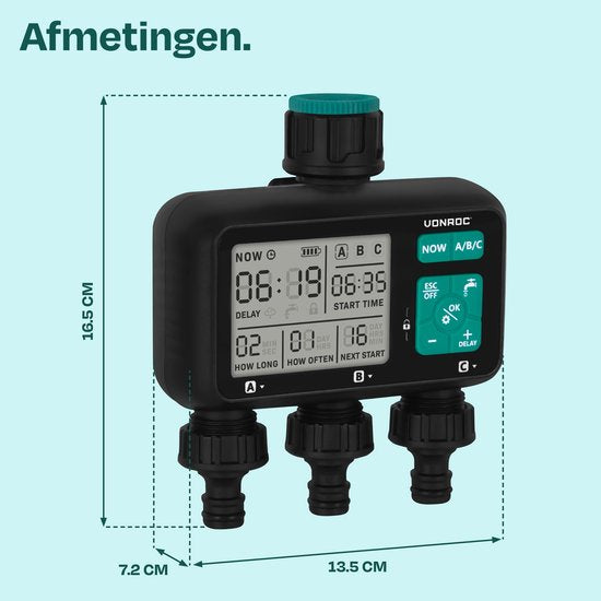 VONROC 3-weg watertimer – Besproeiingscomputer voor 3 zones – Instelbare bewateringstijd en -frequentie per zone