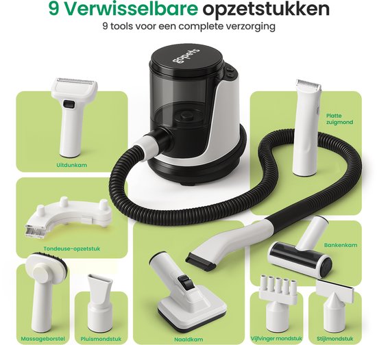 Gopets Professionele 3-in-1 Hondentondeuse - Dierentondeuse - Hondenfohn met Warme Lucht - 9 Delig - Haarverwijderaar voor Huisdieren - Waterblazer voor Honden - Trimset & Tondeuse Hond en Kat - Dierenhaar Stofzuiger - Massageborstel