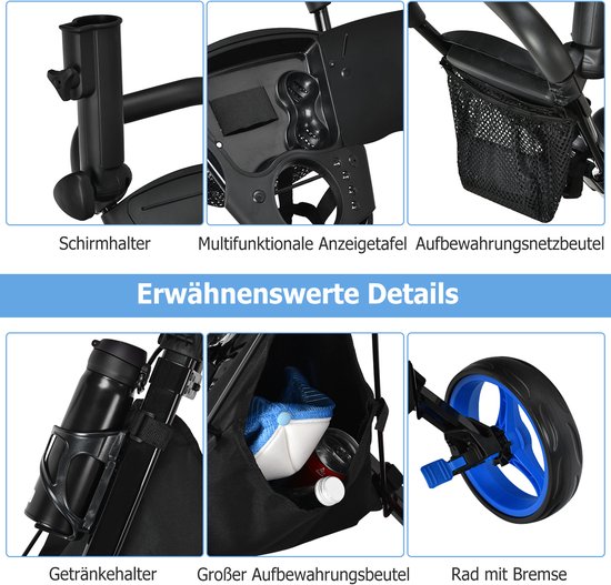 Coast Golftrolley, golftrolley, golftrolley, golfwagen, inklapbaar, golfcaddy golf push cart van aluminium, golfcaddy met parapluhouder, T-stukhouder en opbergtas