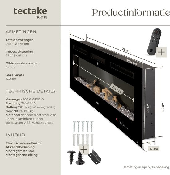 tectake® Wandhaard - Elektrische Haard - Sfeerhaard - 91,5 x 12 x 43 cm - 900W & 1800W - Bediening met Afstandsbediening of App - met Thermostaat - Kachel - met Verwarming - Haarden - Hout en Gloeieffecten - 3D Vlammen - Timer