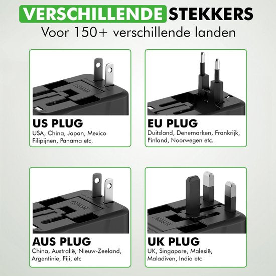 Travelhawk Wereldstekker met 2x USB-C en 2x USB Poort - Reisstekker - USB stekker - Internationale Reisstekker voor 150+ landen - Amerika (USA) - Engeland (UK) - Australië - Azië - Zuid Amerika - Afrika - Wereldstekkers - Zwart