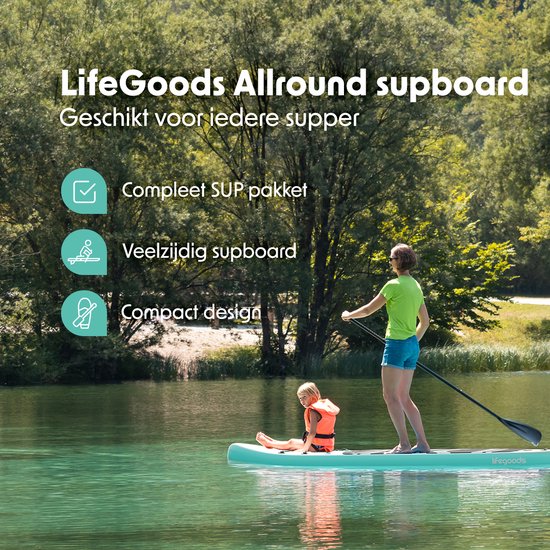 LifeGoods PaddlePro SUP Board - Opblaasbaar Paddle Board - Complete Set - Max. 135KG - 320x81cm - Pastelgroen