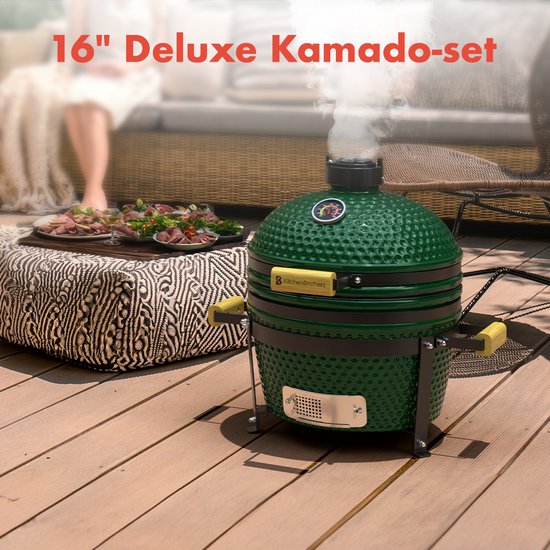 KitchenBrothers Kamado BBQ - 16 Inch Houtskool Barbecue - 34⌀ cm - PFAS-vrij - Deluxe Set - Egg BBQ met Accessoires - Vaderdag Cadeau - Groen