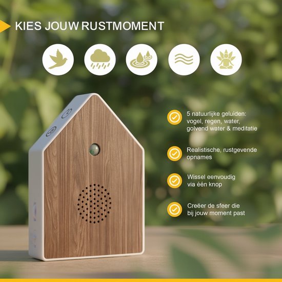 UPLY Vogelhuisje Met Geluid -Vogelgeluiden Huisje Met Sensor - 5 Natuurgeluiden Voor op Toilet/Wc - Bewegingsmelder - Zwitscherbox - Cadeau - Incl. Bevestiging - Wit - Eik