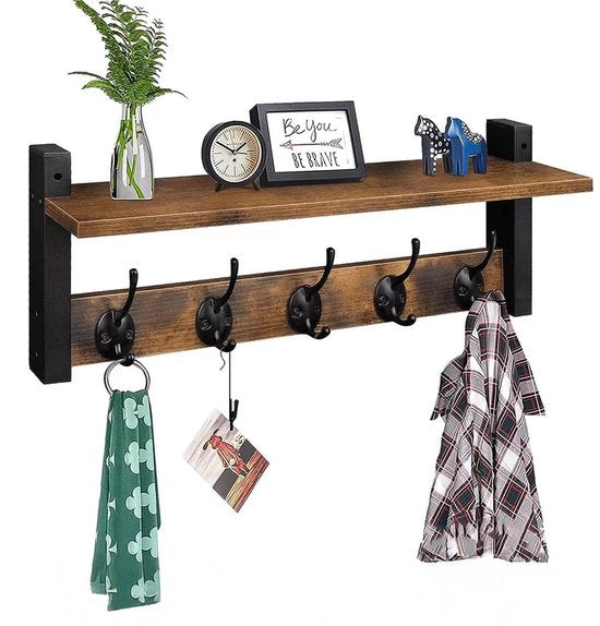 Wand kapstok met plank - 10 haken - Hangend - Kapstokken - Kleer - Kleding - Hangers - Vintage - Muur - Industrieel - Hout - Garde robe - Zwart - Luft