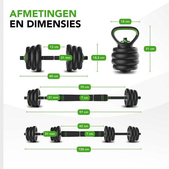 Tunturi Halterset en Dumbbells Vinyl 20 kg – Gewichten Set met Kettlebell en Barbell – Opdruksteunen - Schroefsluiting 30 mm – Anti-Slip Grip