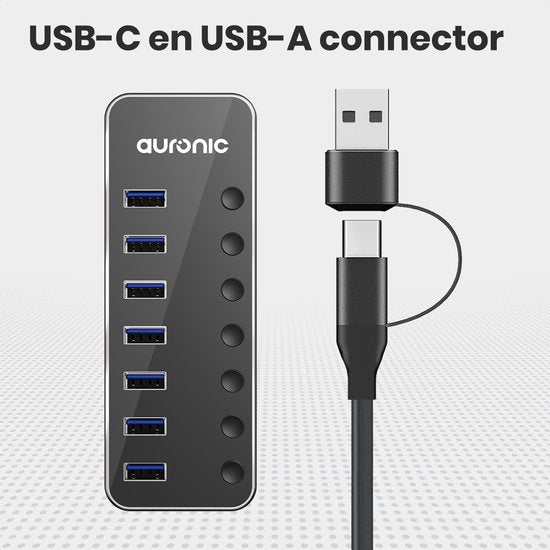 Auronic USB Hub 3.0 - USB Splitter met 7 Poorten - met Voeding - 5 GBPs - Led Indicatie - Zwart
